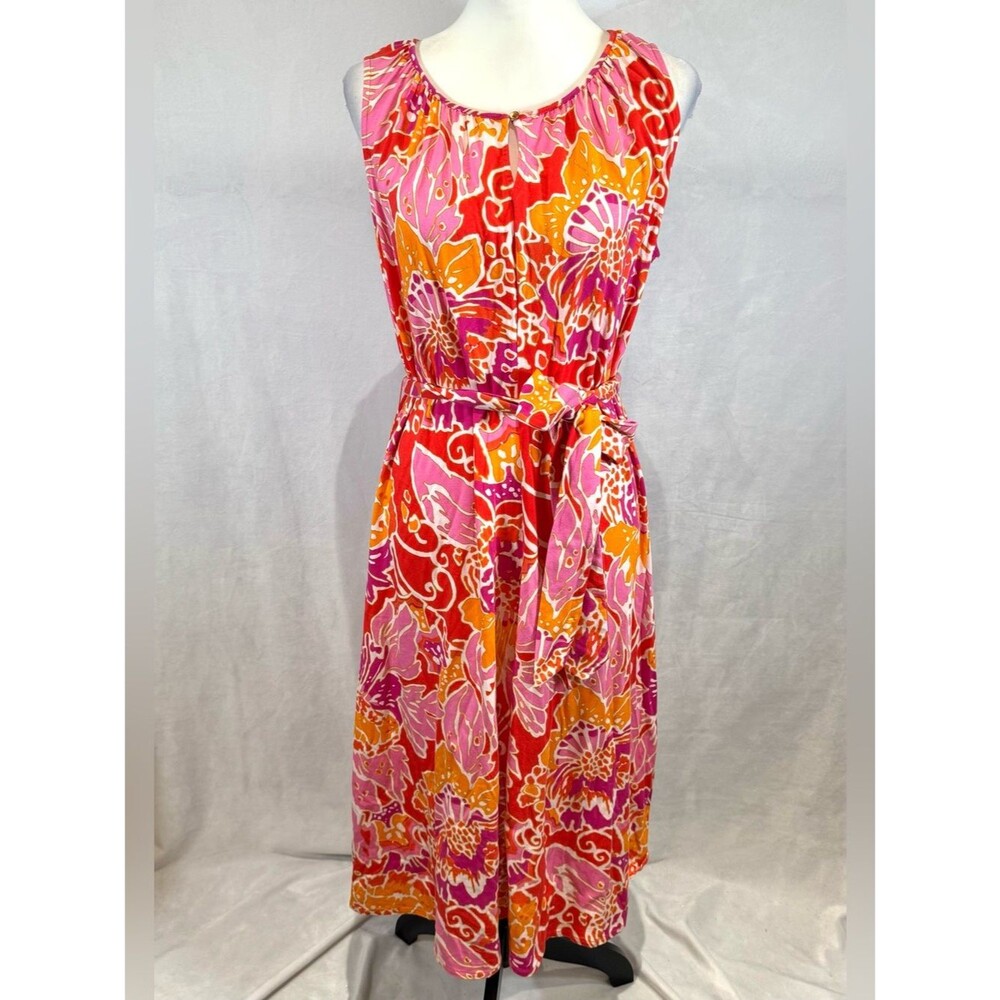 Lands End vibrant oranges and pinks tropical cotton midi dress size XL NWOT